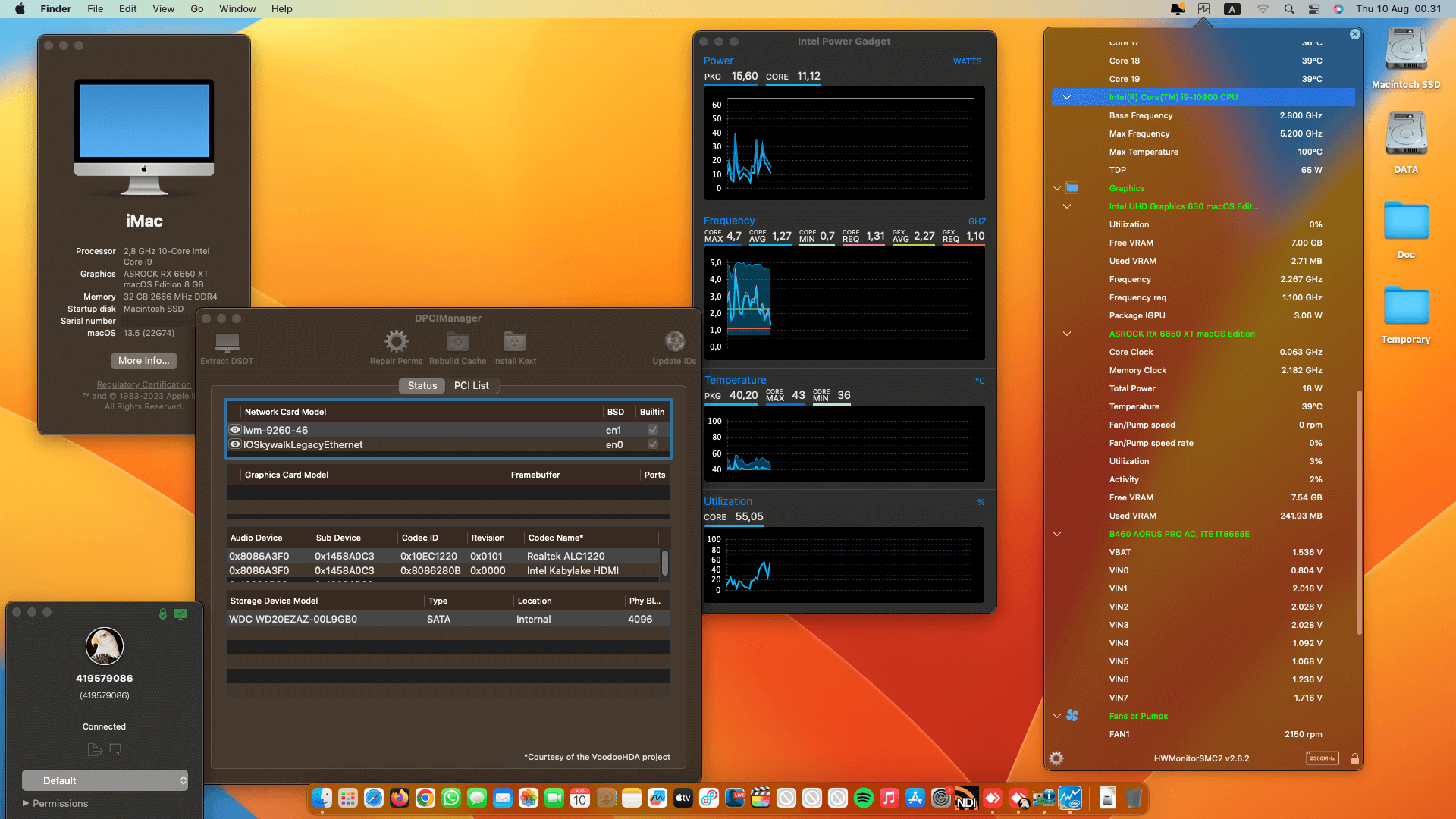 Gigabyte B460 Aorus Pro AC + Intel Core i9 10900 + Asrock RX 6650 XT   OpenCore 1