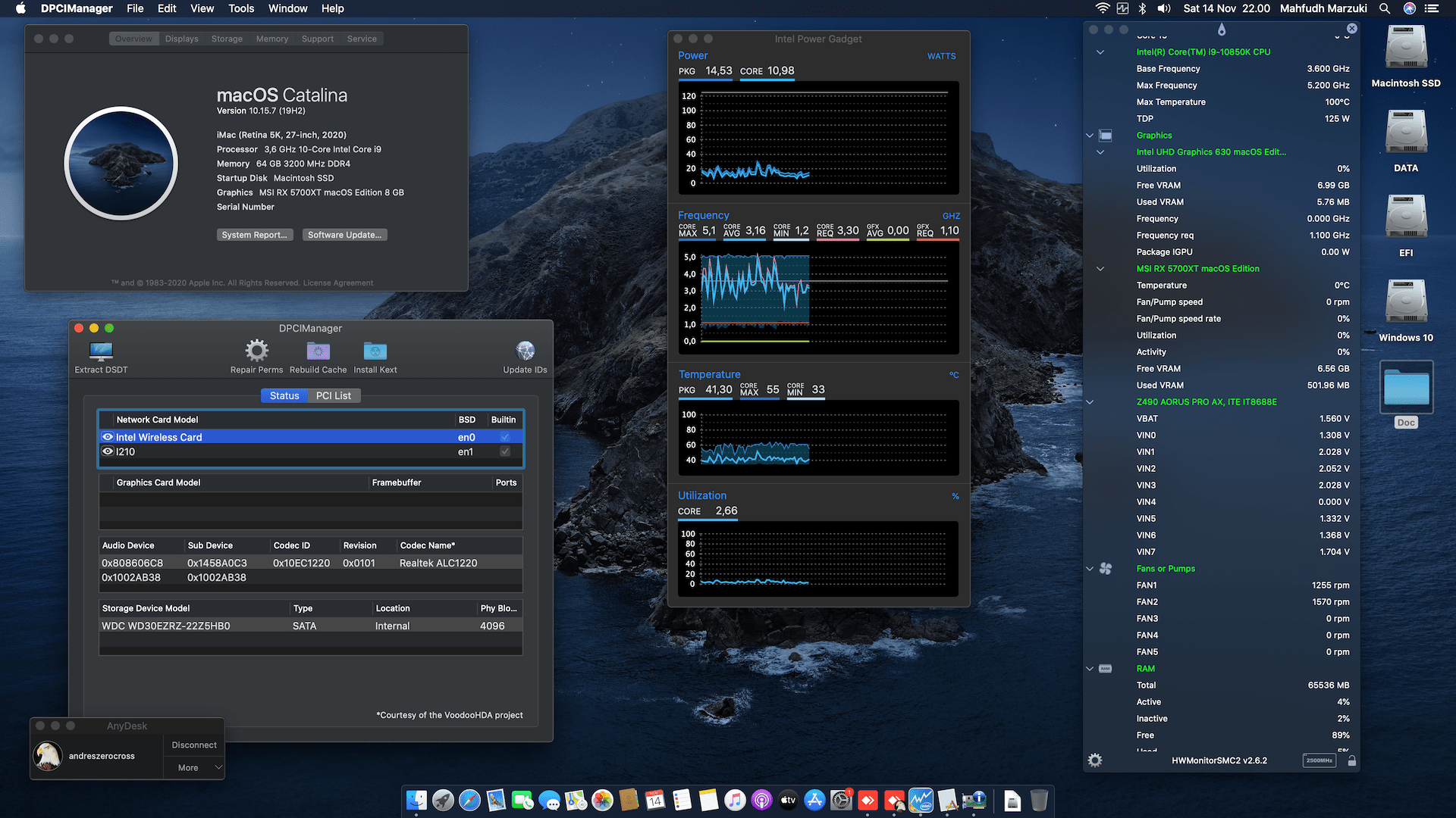 Gigabyte Z490 Aorus Pro AX + Intel Core i9 10850K + MSI RX 5700XT OpenCore 1